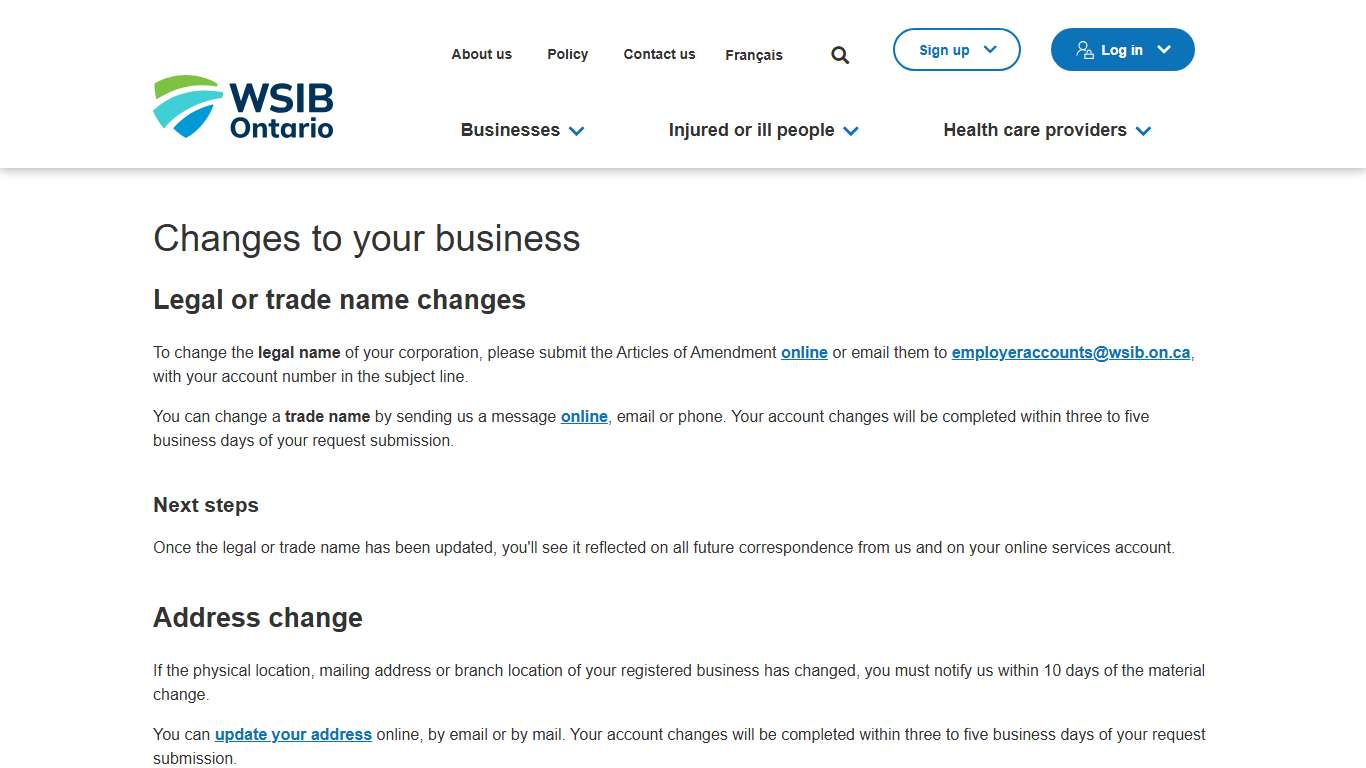 Changes to your business | WSIB